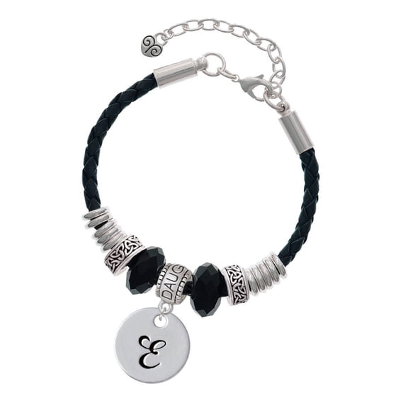 Delight Jewelry Silvertone Large Script Letter - E - 3/4'' Disc - Daughter Celtic Knot Leather Bead Bracelet, 7"+2" Extender