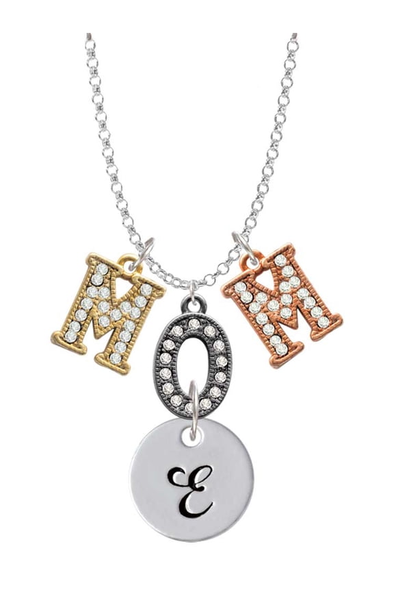 Silvertone Large Script Letter - E - 3/4'' Disc - Multi-Colored Crystal Mom Charm Necklace
