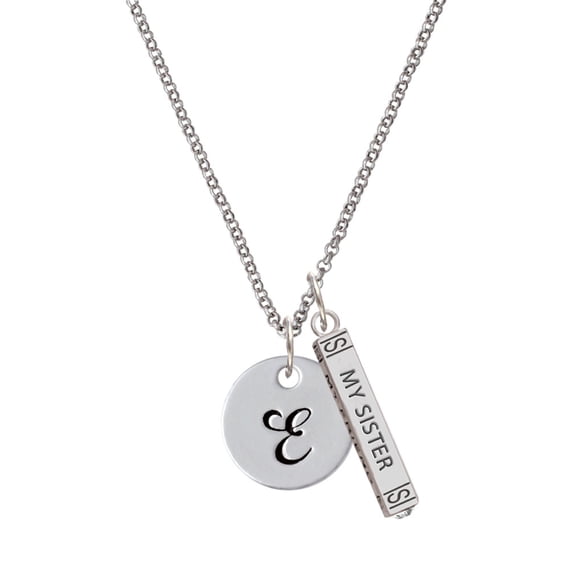 Delight Jewelry Silvertone Large Script Letter - E - 3/4'' Disc - Silvertone Always My Sister Bar Charm Necklace, 23"