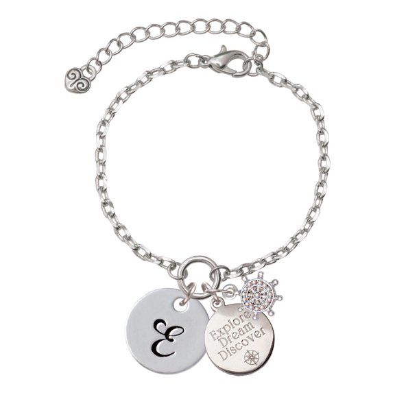Delight Jewelry Silvertone Large Script Letter - E - 3/4'' Disc - Silvertone Discover Dream Explore Zoey Charm Bracelet, 6.5+2" Extender
