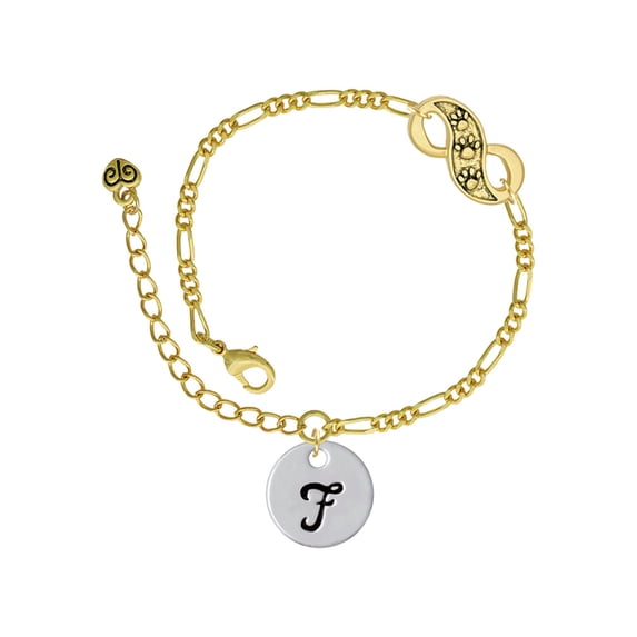 Delight Jewelry Silvertone Large Script Letter - F - 3/4'' Disc - Gold-tone Paw Infinity Link Chain Bracelet, 6"+2" Extender