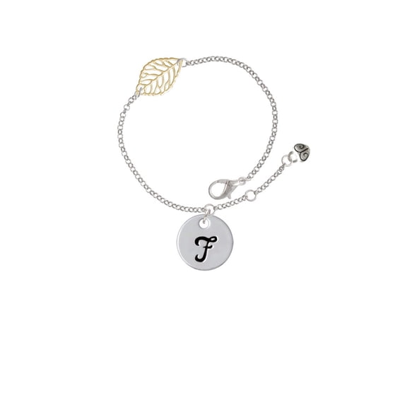 Delight Jewelry Silvertone Large Script Letter - F - 3/4'' Disc - - Goldtone Leaf Delicate Bracelet, 6.25+1.75"