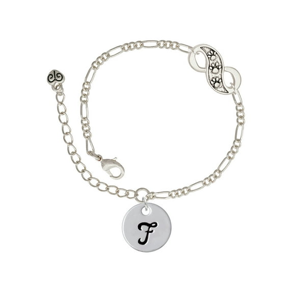 Delight Jewelry Silvertone Large Script Letter - F - 3/4'' Disc - Silver-tone Paw Infinity Link Chain Bracelet, 6"+2" Extender