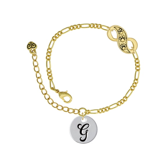 Delight Jewelry Silvertone Large Script Letter - G - 3/4'' Disc - Gold-tone Paw Infinity Link Chain Bracelet, 6"+2" Extender