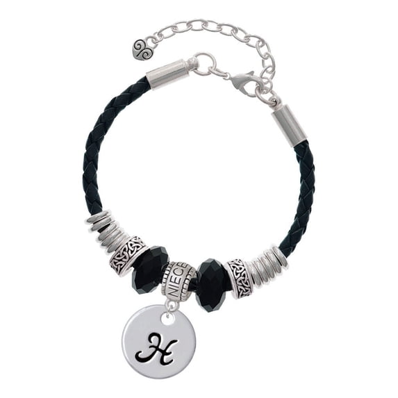 Delight Jewelry Silvertone Large Script Letter - H - 3/4'' Disc - Niece Celtic Knot Leather Bead Bracelet, 7"+2" Extender