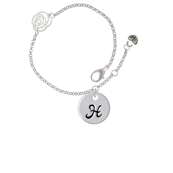 Delight Jewelry Silvertone Large Script Letter - H - 3/4'' Disc - Silver-tone Rose Link Chain Bracelet, 6.25"+1.75" Extender
