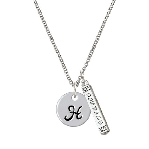 Delight Jewelry Silvertone Large Script Letter - H - 3/4'' Disc - Silvertone Courage Strength Wisdom Honesty Bar Charm Necklace, 23"
