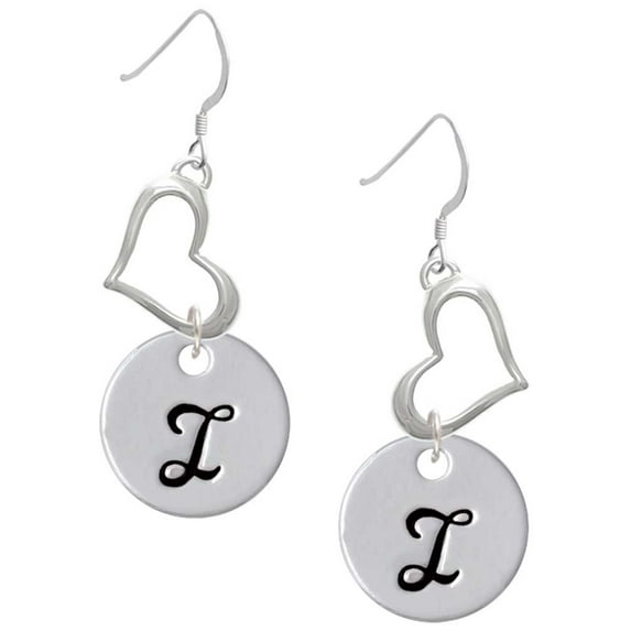 Delight Jewelry Silvertone Large Script Letter - I - 3/4'' Disc - Open Heart French Earrings