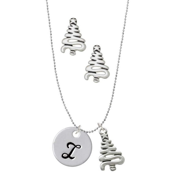 Delight Jewelry Silvertone Large Script Letter - I - 3/4'' Disc - Silver tone Zig Zag Christmas Tree Charm Necklace and Stud Earrings