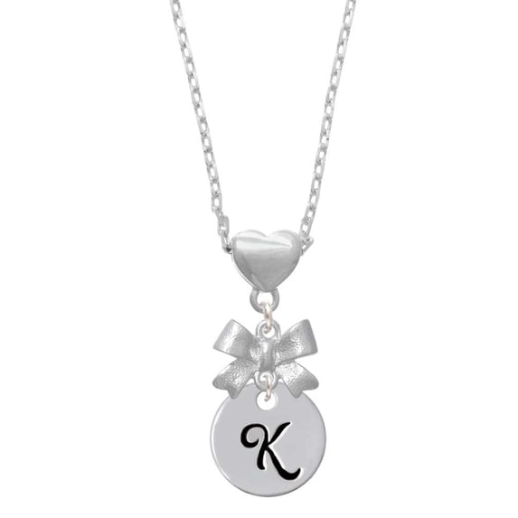 Delight Jewelry Silvertone Large Script Letter - K - 3/4'' Disc - Silver tone Bow Heart Necklace