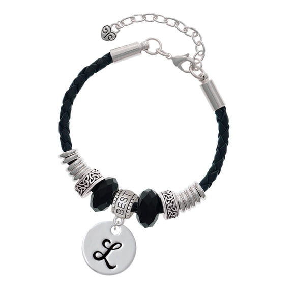 Delight Jewelry Silvertone Large Script Letter - L - 3/4'' Disc - Best Friend Celtic Knot Leather Bead Bracelet, 7"+2" Extender