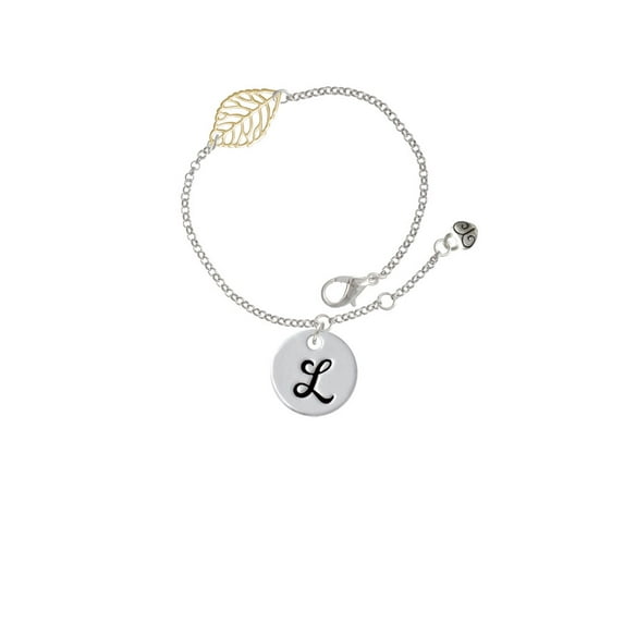 Delight Jewelry Silvertone Large Script Letter - L - 3/4'' Disc - - Goldtone Leaf Delicate Bracelet, 6.25+1.75"