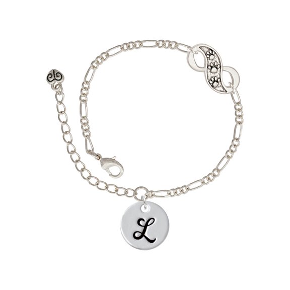 Delight Jewelry Silvertone Large Script Letter - L - 3/4'' Disc - Silver-tone Paw Infinity Link Chain Bracelet, 6"+2" Extender