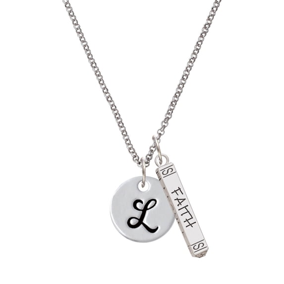 Delight Jewelry Silvertone Large Script Letter - L - 3/4'' Disc - Silvertone Believe Faith Prayer Hope Bar Charm Necklace, 23"