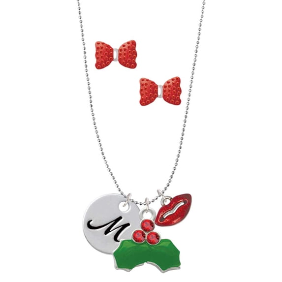 Delight Jewelry Silvertone Large Script Letter - M - 3/4'' Disc - Christmas Kiss Charm Necklace and Stud Earrings