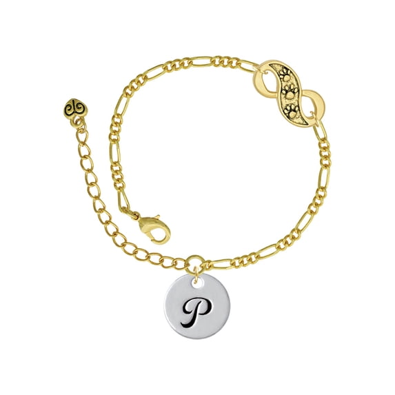 Delight Jewelry Silvertone Large Script Letter - P - 3/4'' Disc - Gold-tone Paw Infinity Link Chain Bracelet, 6"+2" Extender