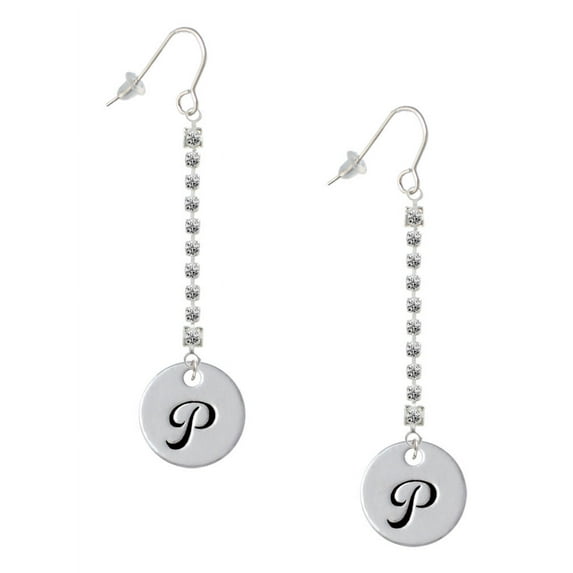 Delight Jewelry Silvertone Large Script Letter - P - 3/4'' Disc - Silver-tone Long Sparkle Dangle French Earrings