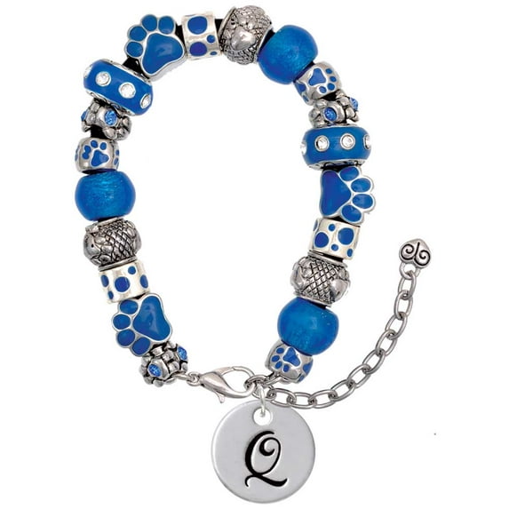 Delight Jewelry Silvertone Large Script Letter - Q - 3/4'' Disc - Blue Paw Print Bead Bracelet, 7"+2"