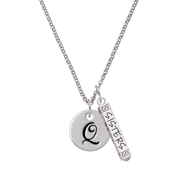 Delight Jewelry Silvertone Large Script Letter - Q - 3/4'' Disc - Silvertone Sisters Best Friends Forever Bar Charm Necklace, 23"