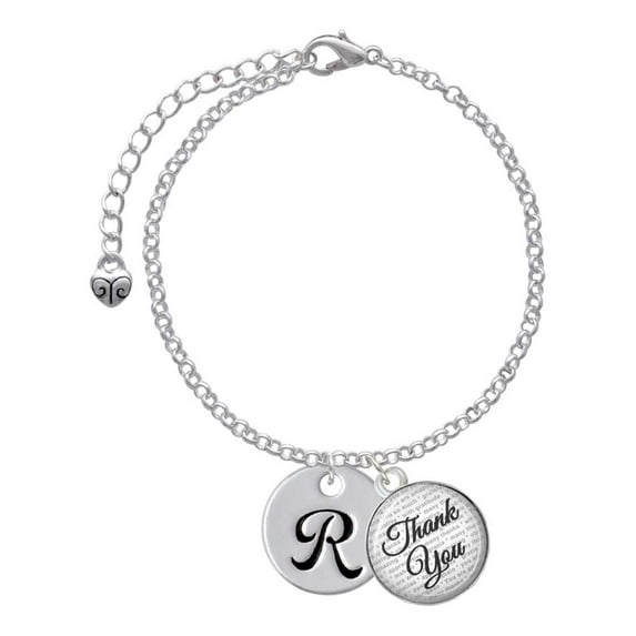 Delight Jewelry Silvertone Large Script Letter - R - 3/4'' Disc - Domed Thank You Charm Bracelet, 6"+2"