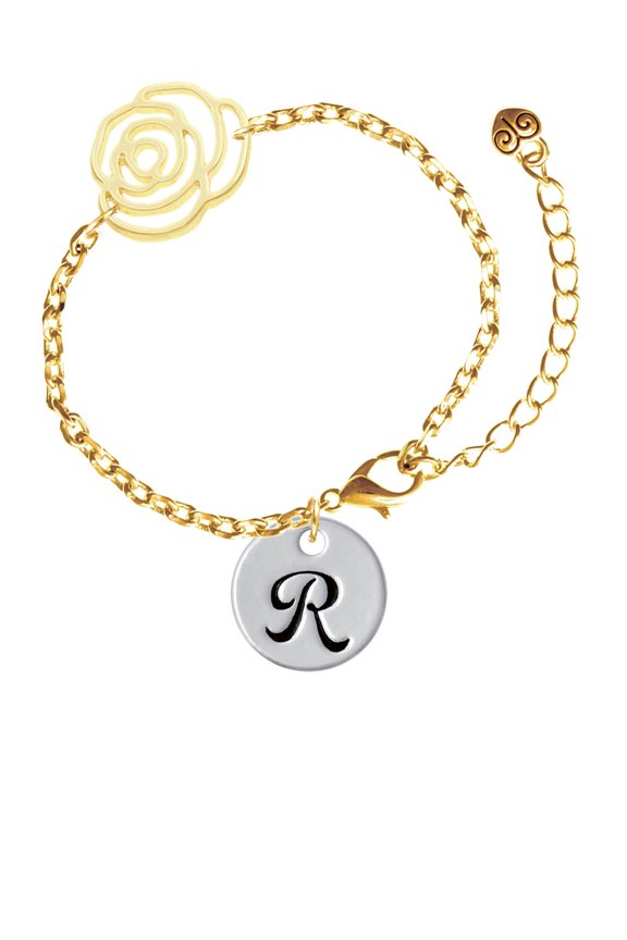 Silvertone Large Script Letter - R - 3/4'' Disc - Gold-tone Flower Link Chain Bracelet, 6.75"+2" Extender