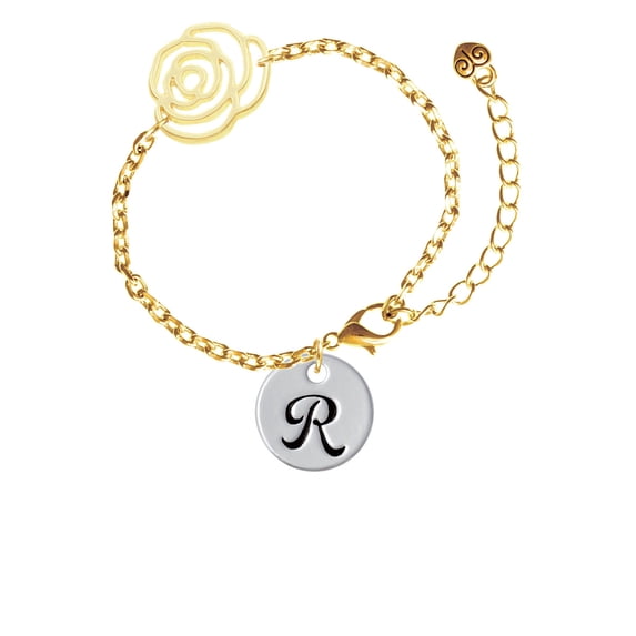 Delight Jewelry Silvertone Large Script Letter - R - 3/4'' Disc - Gold-tone Flower Link Chain Bracelet, 6.75"+2" Extender