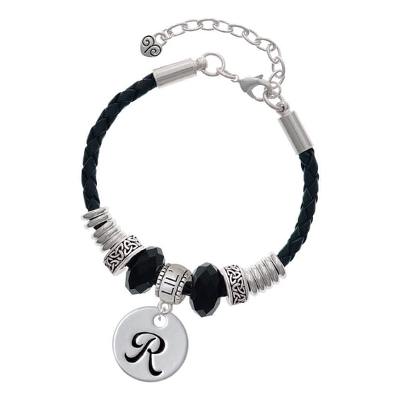 Delight Jewelry Silvertone Large Script Letter - R - 3/4'' Disc - Lil Sister Celtic Knot Leather Bead Bracelet, 7"+2" Extender