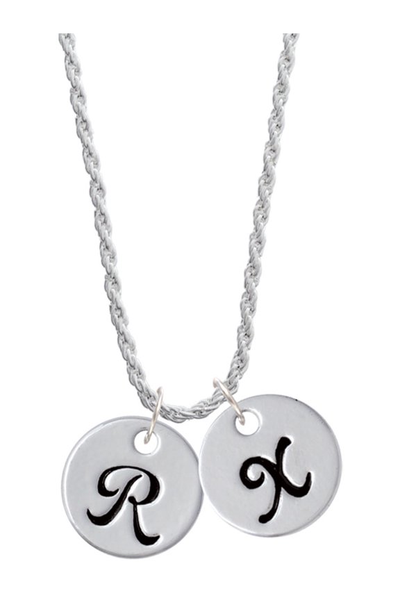 Silvertone Large Script Letter - R - 3/4'' Disc - Silvertone Script Initial Disc - X - Charm Necklace, 20"+3"