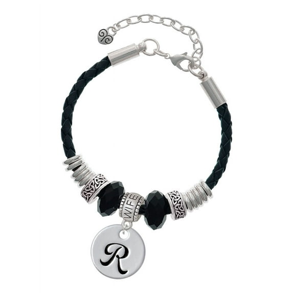 Delight Jewelry Silvertone Large Script Letter - R - 3/4'' Disc - Wife Celtic Knot Leather Bead Bracelet, 7"+2" Extender
