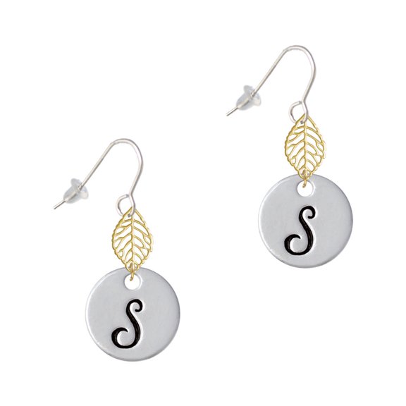 Delight Jewelry Silvertone Large Script Letter - S - 3/4'' Disc - Goldtone Leaf French Earrings
