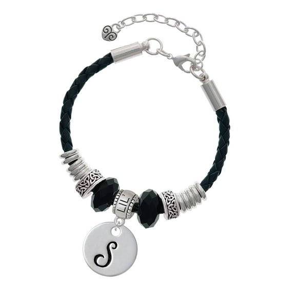Delight Jewelry Silvertone Large Script Letter - S - 3/4'' Disc - Middle Sister Celtic Knot Leather Bead Bracelet, 7"+2" Extender
