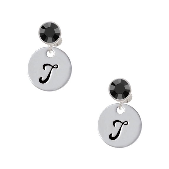 Delight Jewelry Silvertone Large Script Letter - T - 3/4'' Disc - Black Crystal Clip on Earrings