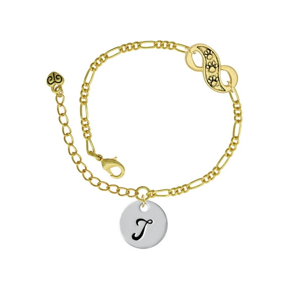 Delight Jewelry Silvertone Large Script Letter - T - 3/4'' Disc - Gold-tone Paw Infinity Link Chain Bracelet, 6"+2" Extender