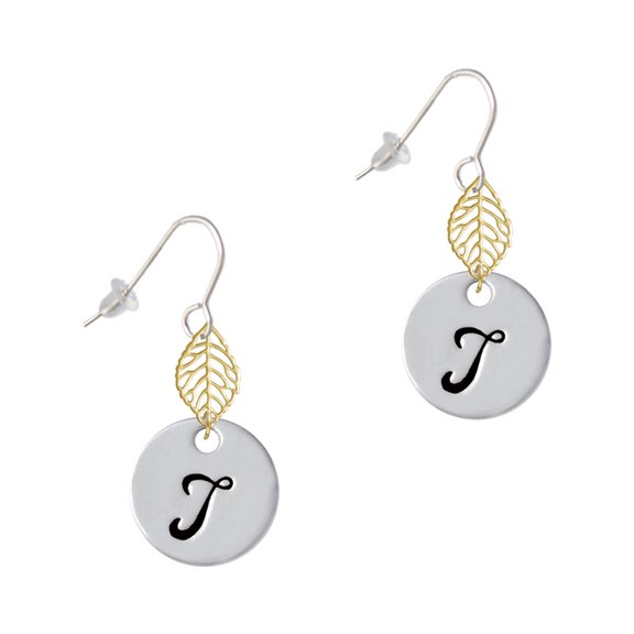 Delight Jewelry Silvertone Large Script Letter - T - 3/4'' Disc - Goldtone Leaf French Earrings