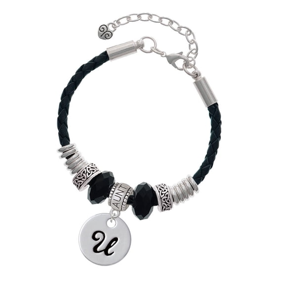 Delight Jewelry Silvertone Large Script Letter - U - 3/4'' Disc - Aunt Celtic Knot Leather Bead Bracelet, 7"+2" Extender