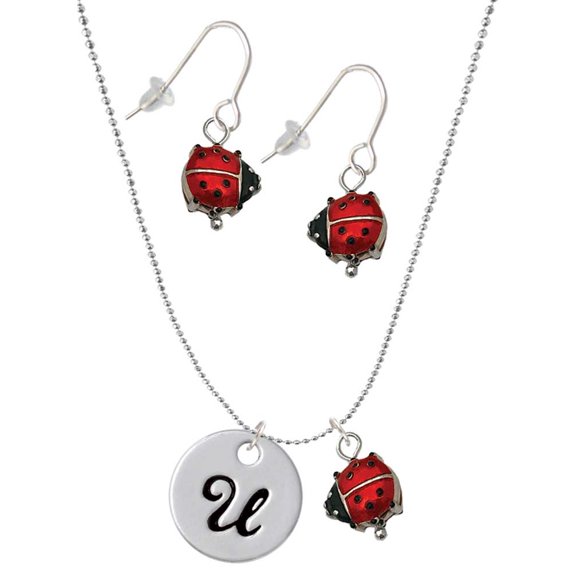 Delight Jewelry Silvertone Large Script Letter - U - 3/4'' Disc - Red Lucky Ladybug Necklace and Dangle Earrings Set