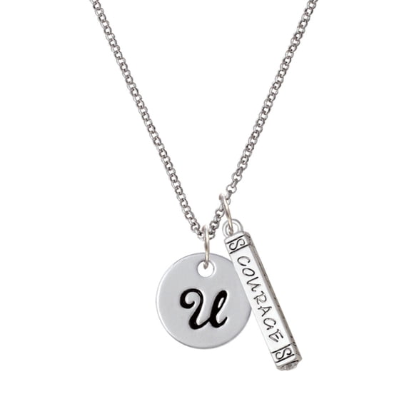 Delight Jewelry Silvertone Large Script Letter - U - 3/4'' Disc - Silvertone Courage Strength Wisdom Honesty Bar Charm Necklace, 23"