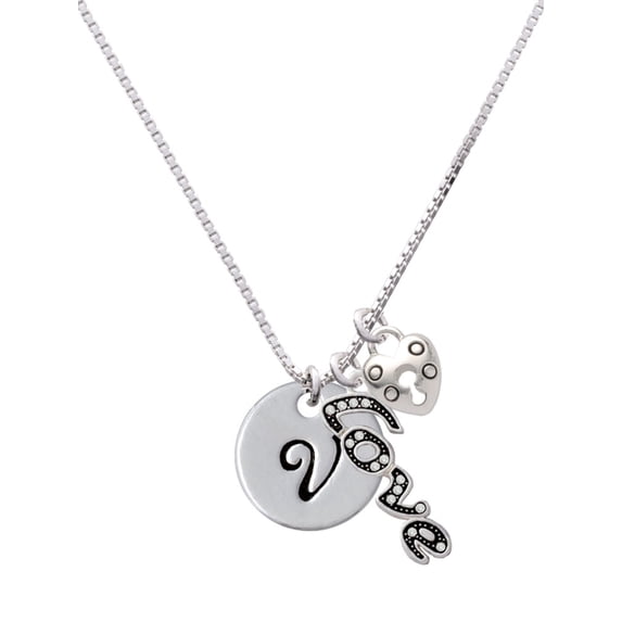 Delight Jewelry Silvertone Large Script Letter - V - 3/4'' Disc - - Love and Lock Charm Necklace, 18"+1"