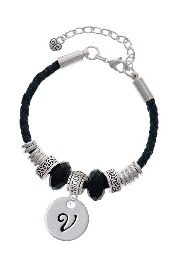 Silvertone Large Script Letter - V - 3/4'' Disc - Middle Sister Celtic Knot Leather Bead Bracelet, 7"+2" Extender