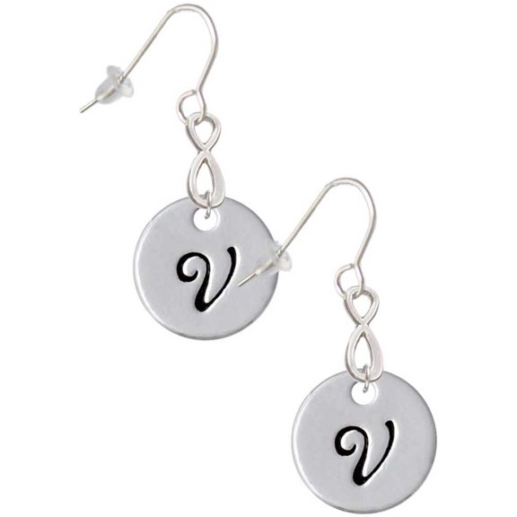 Delight Jewelry Silvertone Large Script Letter - V - 3/4'' Disc - Silver tone Infinity French Earrings