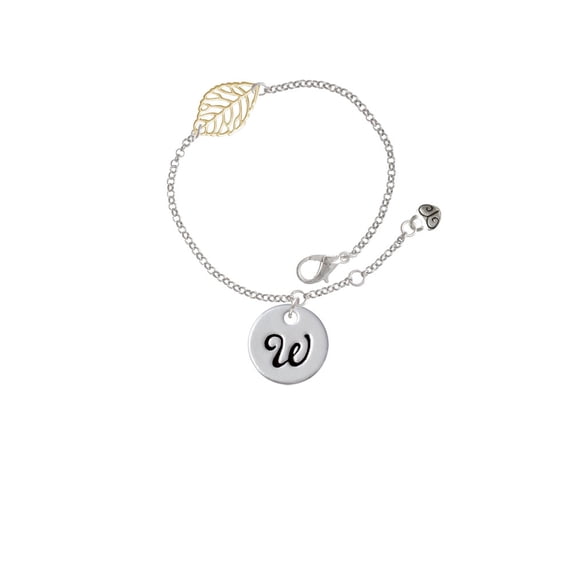 Delight Jewelry Silvertone Large Script Letter - W - 3/4'' Disc - - Goldtone Leaf Delicate Bracelet, 6.25+1.75"