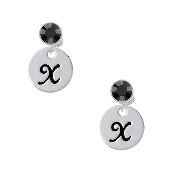 Delight Jewelry Silvertone Large Script Letter - X - 3/4'' Disc - Black Crystal Clip on Earrings
