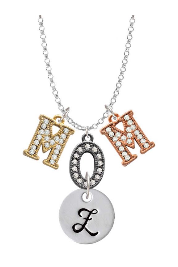 Silvertone Large Script Letter - Z - 3/4'' Disc - Multi-Colored Crystal Mom Charm Necklace
