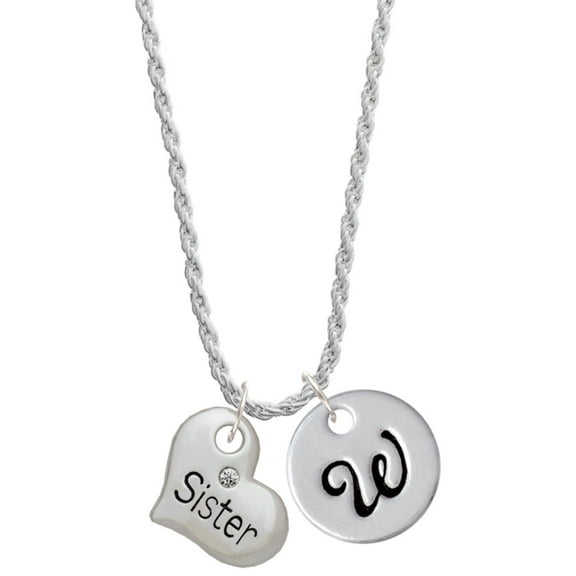 Delight Jewelry Silvertone Large ''Sister'' Heart with Clear Crystal Silvertone Script Initial Disc - W - Charm Necklace, 20"+3"