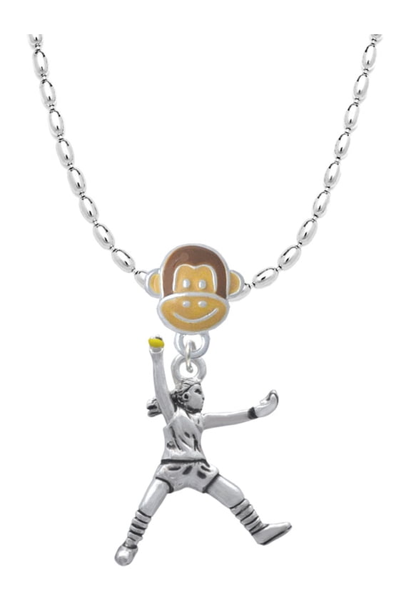 Silvertone Large Softball Pitcher Mia Monkey Charm Necklace