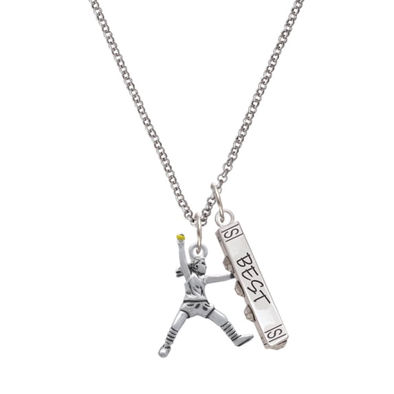 Delight Jewelry Silvertone Large Softball Pitcher Silvertone Best Friends Forever Bar Charm Necklace, 23"