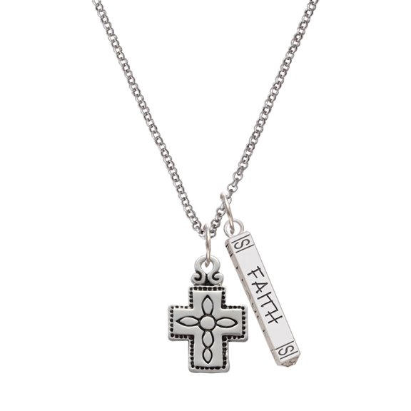 Delight Jewelry Silvertone Large Southwestern Antiqued Cross Silvertone Believe Faith Prayer Hope Bar Charm Necklace, 23"