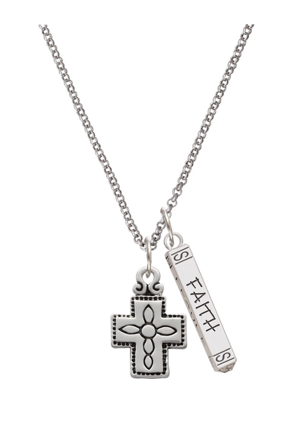 Silvertone Large Southwestern Antiqued Cross Silvertone Believe Faith Prayer Hope Bar Charm Necklace, 23"