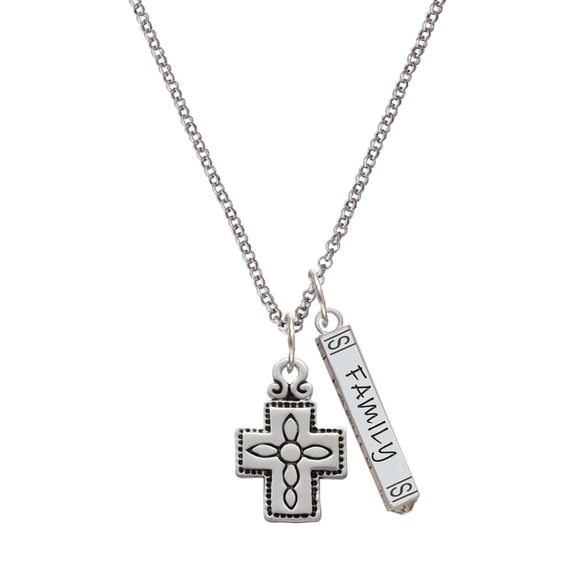 Delight Jewelry Silvertone Large Southwestern Antiqued Cross Silvertone Family Bar Charm Necklace, 23"