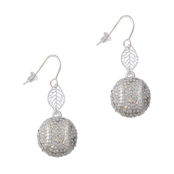 Delight Jewelry Silvertone Large Super Sparkle Crystal Clear AB Softball Silvertone Leaf French Earrings